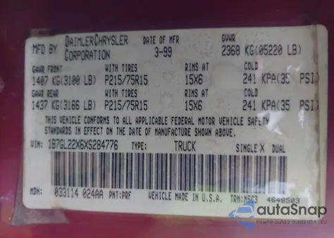 1999 Dodge Dakota Slt/Sport из США, поврежденный, VIN 1B7GL22X6XS284776